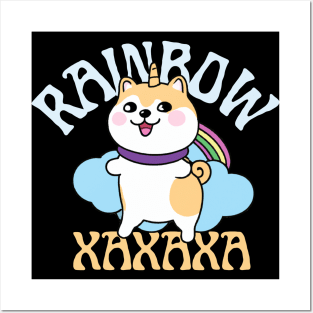 Shiba Inu Unicorn Kawaii Illustration With Rainbow And Cloud Posters and Art